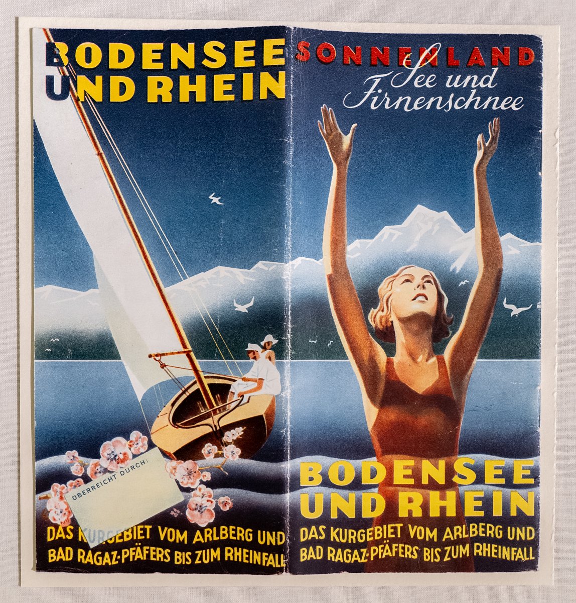 Werbeplakat "Sonnenland: Bodensee und Rhein" für das Kurgebiet vom Arlberg und Bad Ragaz-Pfäfers bis zum Rheinfall.