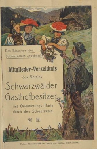 Das Cover des Mitliederverzeichnis des Vereins Schwarzwälder Gasthofbesitzer zeigt zwei Frauen mit Bollenhüten und einen Wanderer