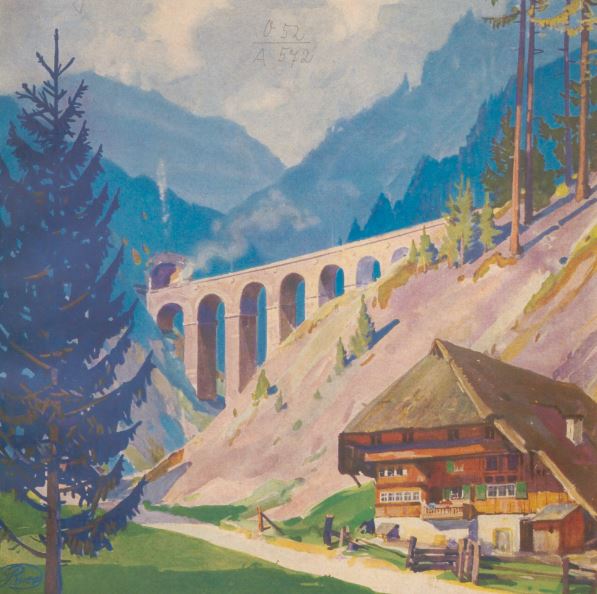 Zu sehen ist eine Darstellung eines Landschaftsausschnitts mit Schwarzwaldhütte, Tanne und Bahnbrücke im Hintergrund.