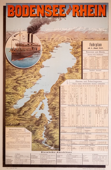 Illustriertes Plakat/ illustrierter Fahrplan für die Dampfbootsfahrt.