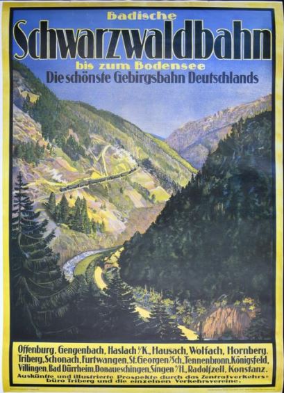 Zu sehen ist ein Plakat mit einem Landschaftsausschnitt des Schwarzwaldes und einer Bahn.