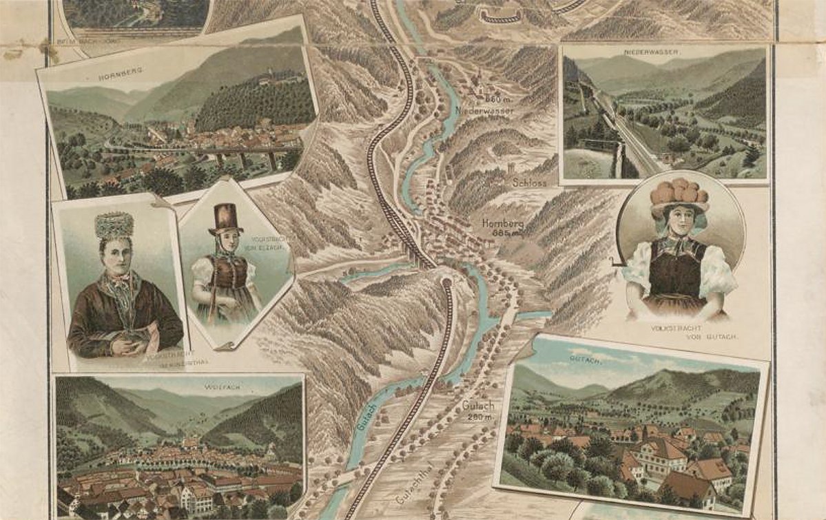 Der Ausschnitt aus dem Laporello (Faltbuch) zeigt den Streckenverlauf der Schwarzwaldbahn und Abbildungen der Landschaft und Personen in Tracht
