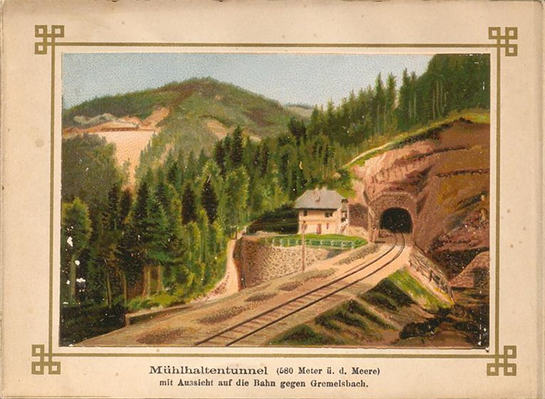 Abbildung einer Malerei einer Tunneleinfahrt auf der Schwarzwaldbahnstrecke 