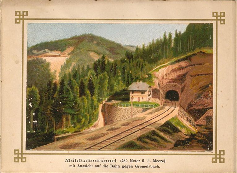 Abbildung einer Malerei einer Tunneleinfahrt auf der Schwarzwaldbahnstrecke 