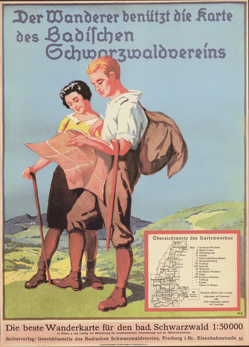 Das Plakat zeigt zwei junge Wanderer beim Studium einer Wanderkarte. 