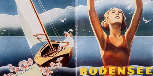 Werbeplakat „Sonnenland: Bodensee und Rhein“ mit Segelboot und Schwimmerin auf dem Cover