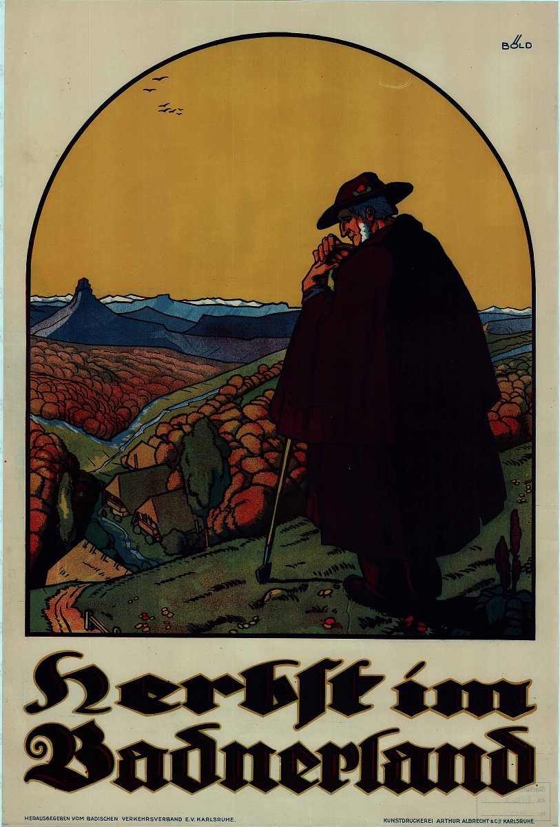Auf dem Plakat ist ein Wanderer zu sehen, der den Blick in die Landschaft richtet. Der Titel des Plakat lautet "Herbst im Badener Land".