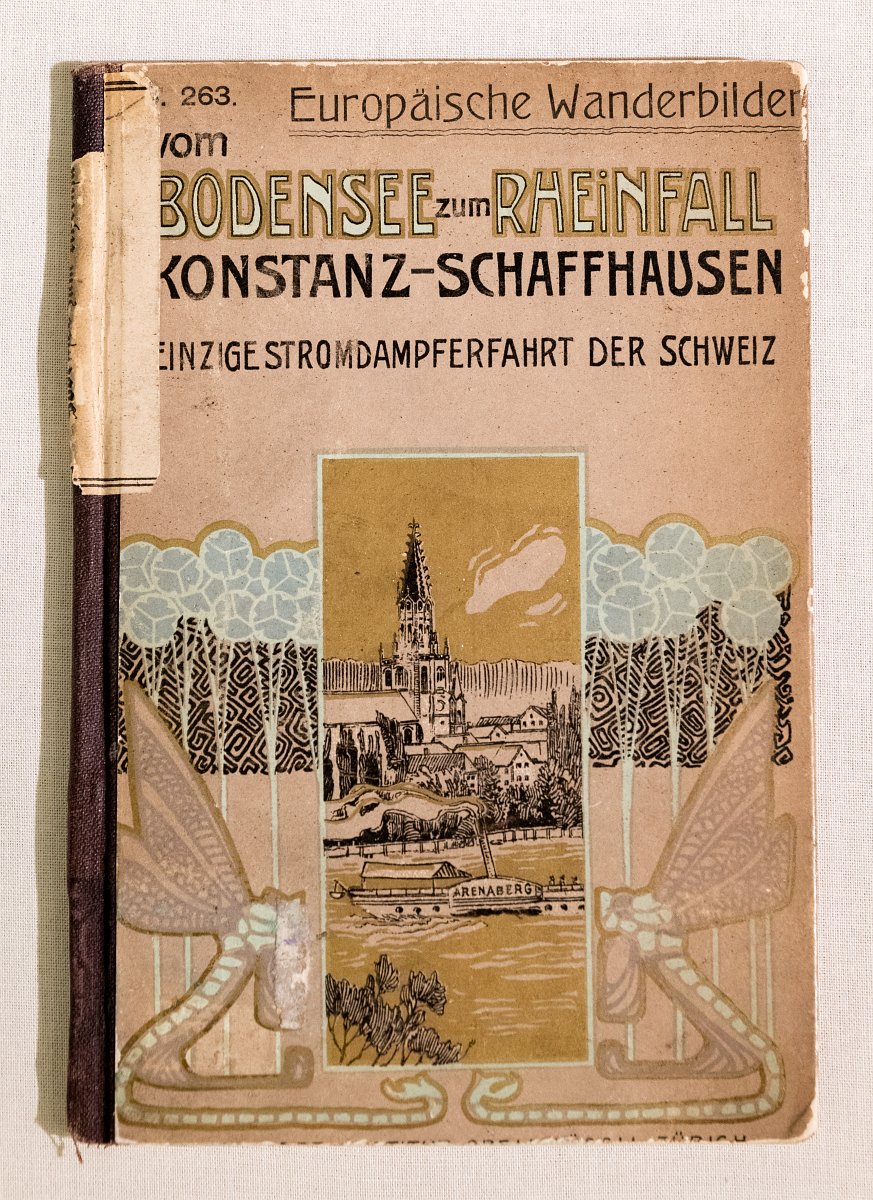 Buchumschlag „Europäische Wanderbilder vom Bodensee zum Rheinfall – Konstanz - Schaffenhausen“, zeichnerische Darstellung einer Dampfschifffahrt, umrandet von zwei Libellen und weiteren Ornamenten im Jugendstil. 