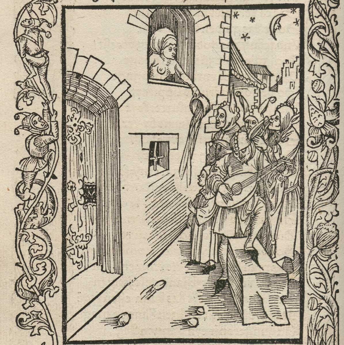 Zu sehen ist eine Illustration von einer entblößten Frau am Fenster, die einen Behälter leert. Unter dem Fenster stehen zahlreiche Narren. Seitlich wurden dekorative Ranken eingezeichnet, an der ein Narr auf der linken Seite hochklettert.
