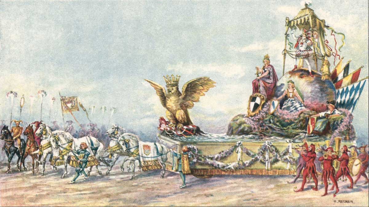 Prinz Karneval auf dem Triumphwagen, begleitet von musizierenden Narren.