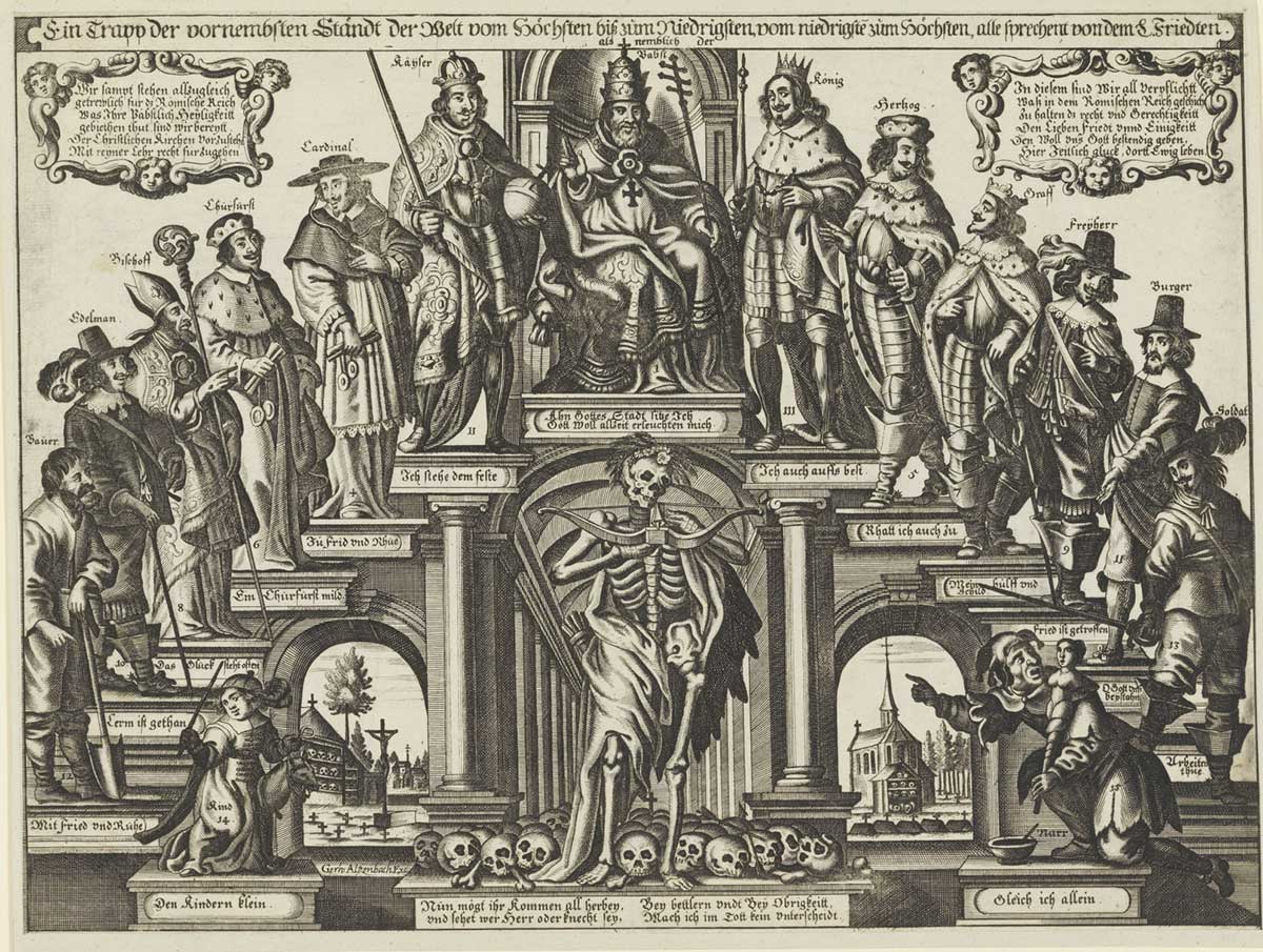 Illustration einer stufenförmigen Macht-Hierarchie: Links beginnt die Treppe mit einem Bauern und steigt bis zum Papst auf der höchsten Stufe. Rechts nach dem Papst beginnt die Hierarchie zu fallen, beginnend mit dem König bis zum Soldaten. Abseits der Treppe stehen Narr und Kind auf gleicher Höhe. In der Mitte der Szene befindet sich ein Skelett als Symbol für den Tod.