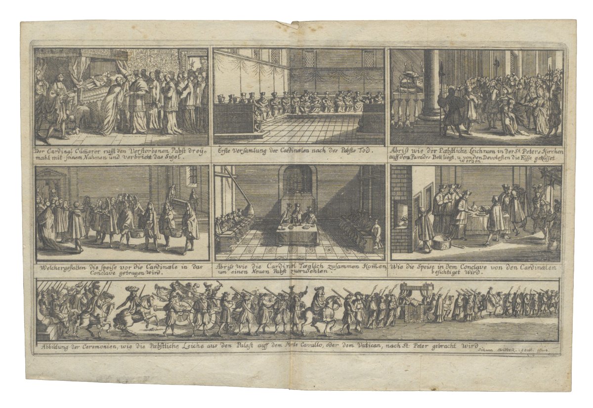 Zu sehen ist eine Reihe von Zeichnungen, die nacheinander die Abfolge der Zeremonie nach dem Ableben eines Papstes darstellen.