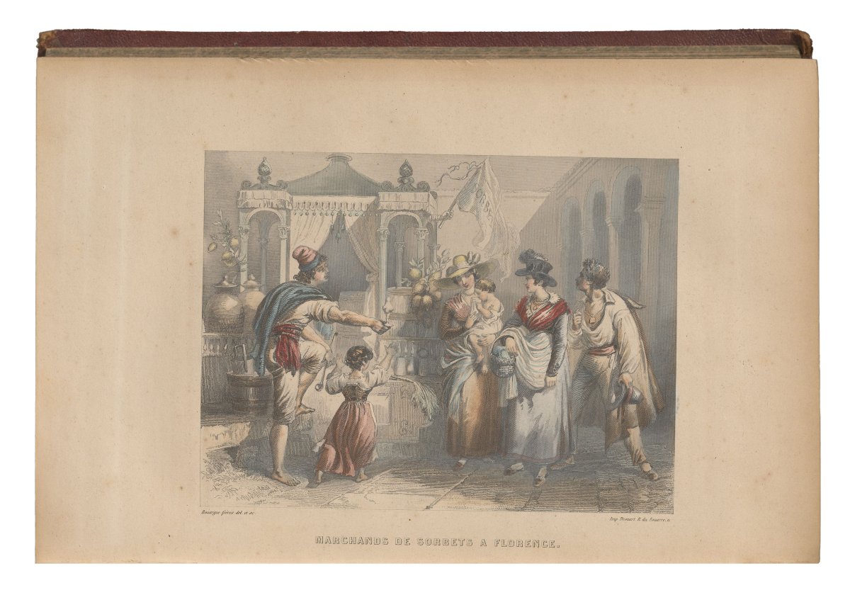 Colorierte Illustration eines charmanten Eisverkäufers, der einer Gruppe Damen und ihren Kindern, in Florenz ein Eis verkauft.