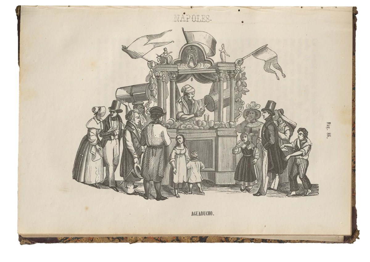 Illustration eines Orangensaftstandes in Neapel. Um den Stand befinden mehrere Menschen, die gerade entweder anstehen, oder schon ein Glas in der Hand haben.