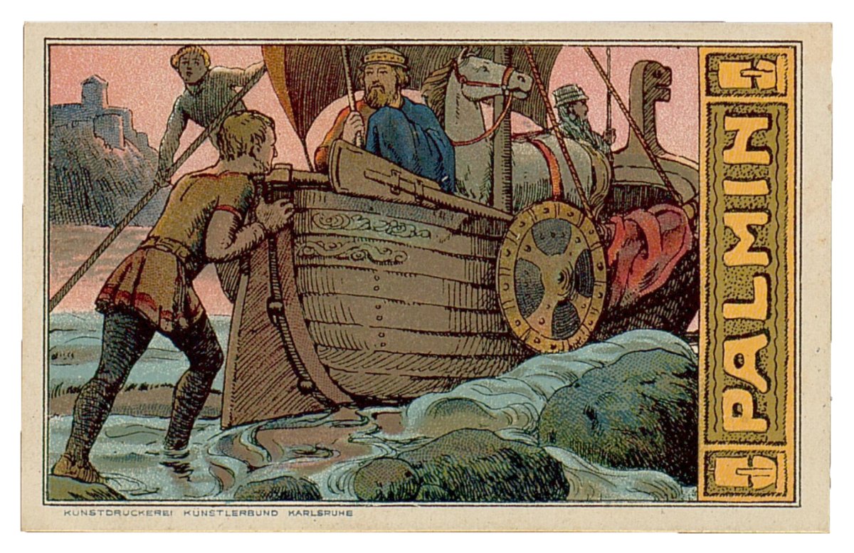 Palmin Sammelkarte, die eine illustrierte Szene aus dem Nibelungenlied zeigt. Abgebildet ist der Beginn von Gunther's Brautfahrt nach Island.