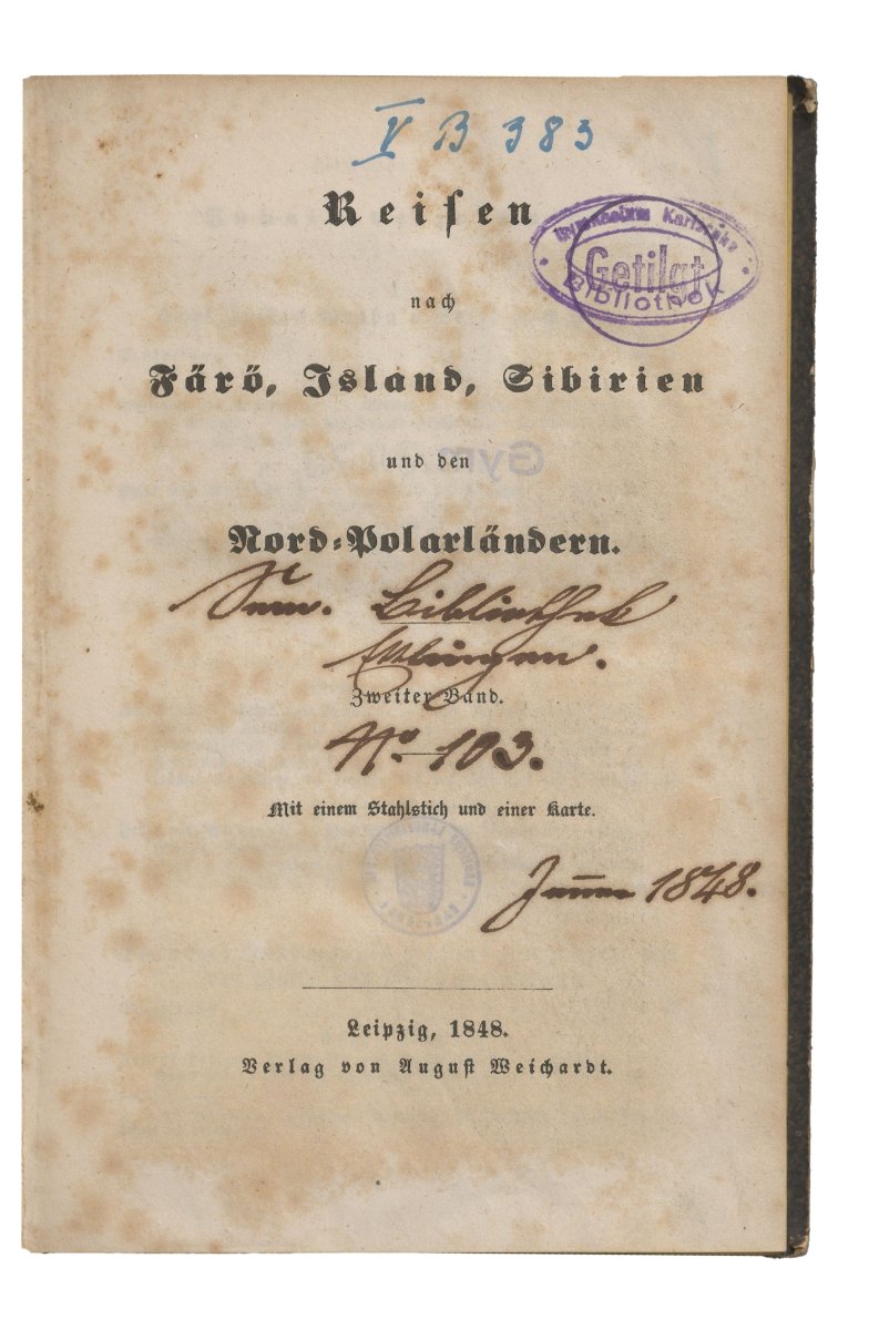 Titelseite des Buches „Reisen nach Färö, Island, Sibieren und den Nord-Polarländern“.
