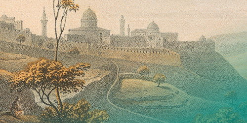 Plakatausschnitt zur Ausstellung „Träume, Wunder, Abenteuer – Sehnsuchtsorte in der Reiseliteratur“. Zu sehen ist ein historischer Druck, der die Stadtansicht von Jerusalem zeigt.