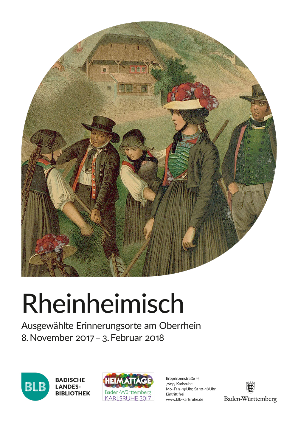 Zu sehen sind drei Frauen und zwei Männer in traditioneller Schwarzwaldtracht. Sie gehen einer landwirtschaftlichen Tätigkeit nach. Im Hintergrund ist ein typischer Schwarzwaldhof zu sehen. 