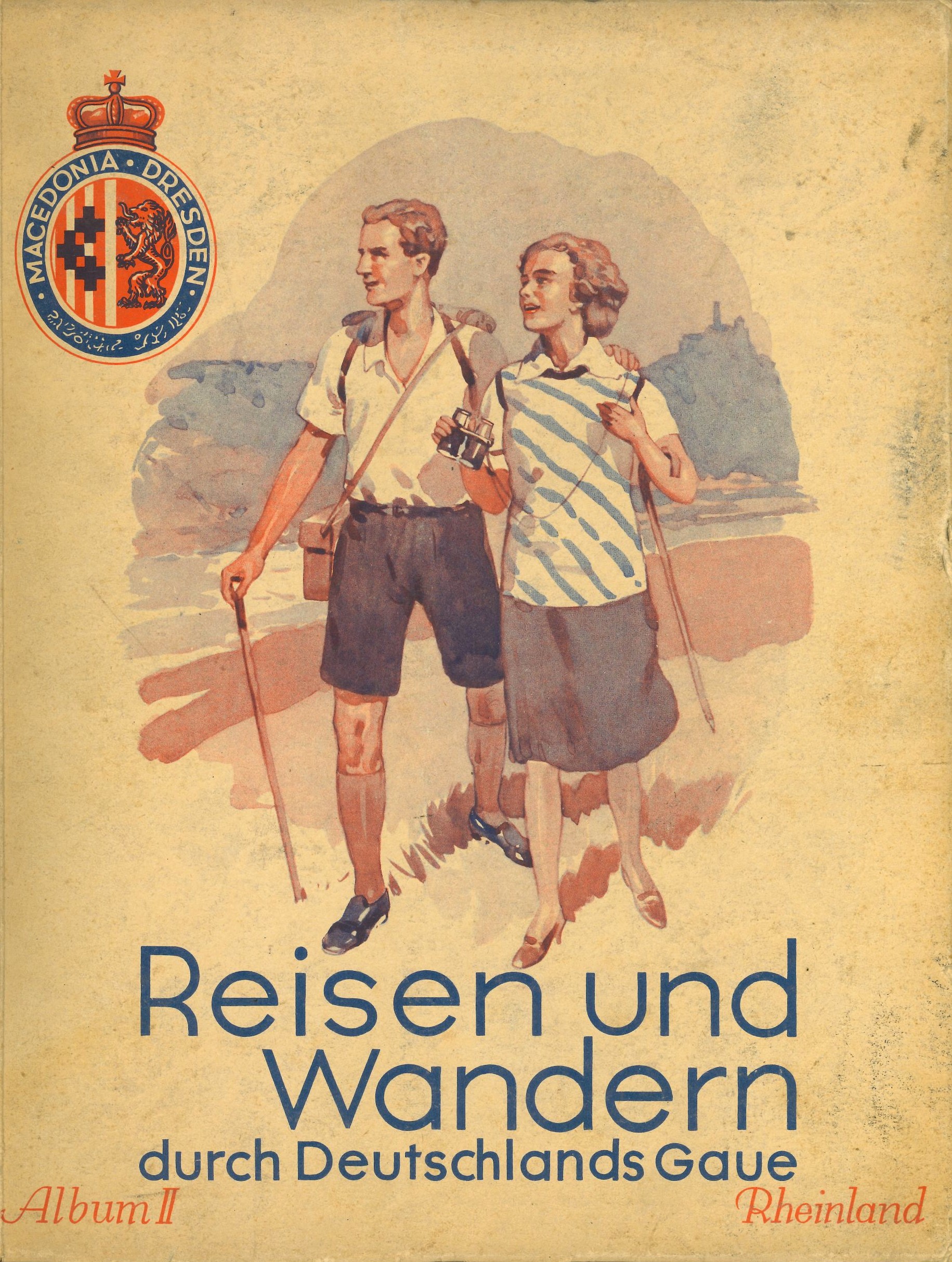 Das Aquarell zeigt ein junges Paar mit Wanderstöcken, Rucksack und Fotoapparat.