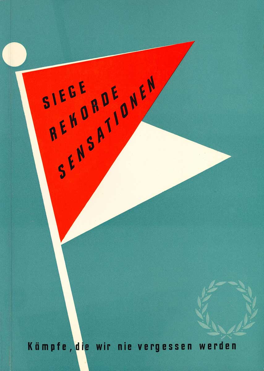 Der türkisfarbene Einband des Sammelalbums zeigt auf der Vorderseite eine Startfahne mit rotem und weißem Wimpel und in der rechten unteren Ecke einen Lorbeerkranz.