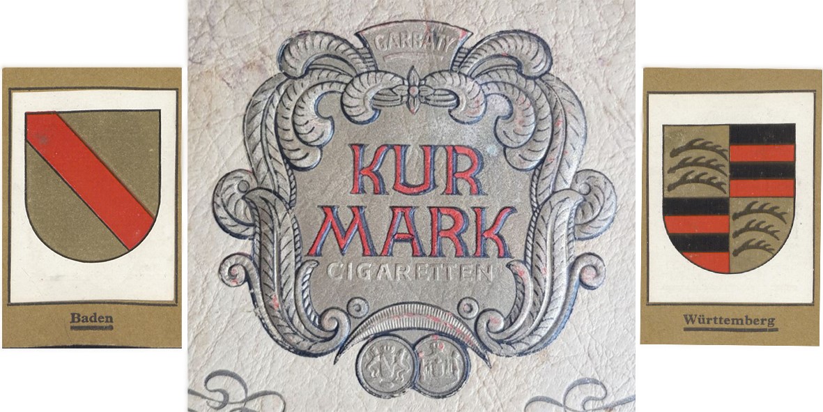 In der Mitte das Wappen der Kurmark-Zigarettenfabrik. Links das Wappen von Baden, das in dem Album gezeigt wird. Rechts das Wappen von Württemberg.