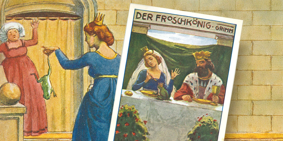Die Prinzessin im blauen Kleid präsentiert eine Frau mit Haube den Frosch, den sie an einem seiner Schenkel hält. Auf das Motiv des Sammelbildes ist ein zweites Sammelbild aufgelegt, das die Prinzessin mit dem König als ihrem Vater bei Tische zeigt, den Frosch dabei - so wie sie es versprochen hat und nun auch einhalten muss.