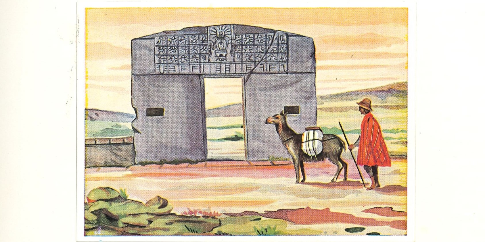 Zu sehen ist eine Illustration eines Mannes, gekleidet in einem roten Umhang, mit einem Hut auf dem Kopf und einem Stab in der Hand, welcher mit einem Alpaka spaziert. Das Tier trägt eine Last auf dem Rücken. Sie laufen an den Überresten einer Inka-Ruine vorbei.