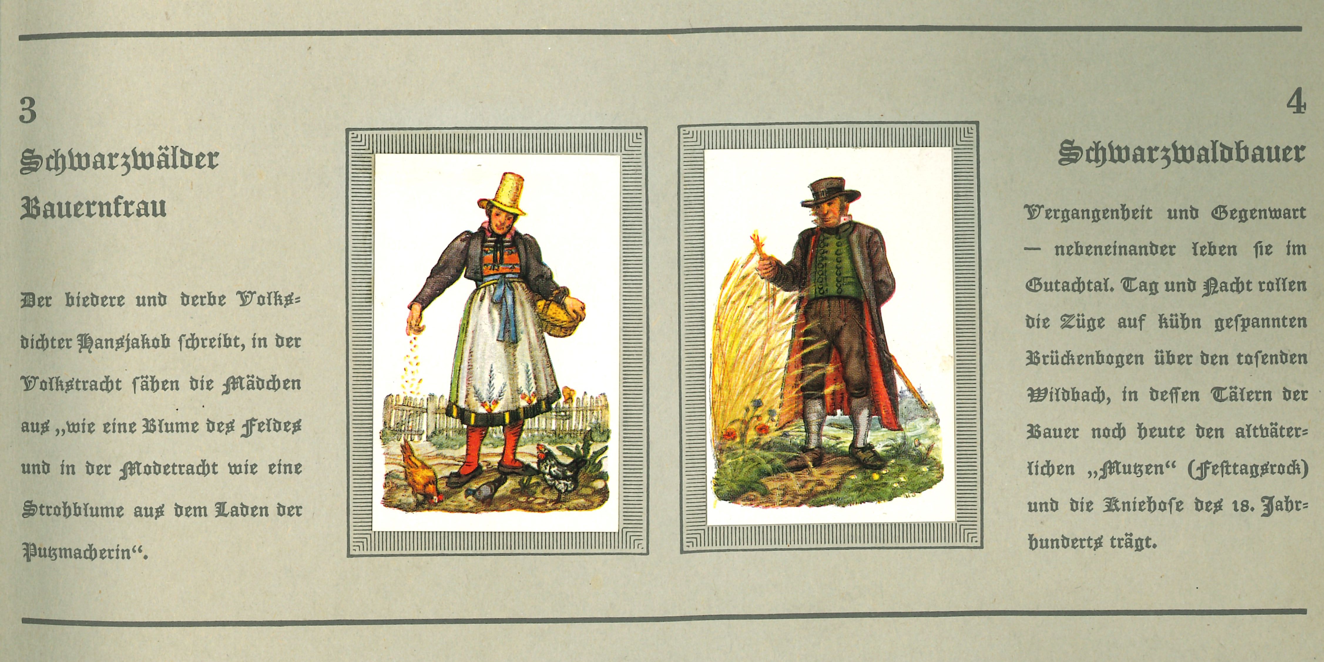 Man sieht zwei Bilder aus dem Album. Links eine Schwarzwälder Bauersfrau, die die Hühner füttert, und rechts  einen Schwarzwaldbauern, der im Festtagsrock das Getreide begutachtet.