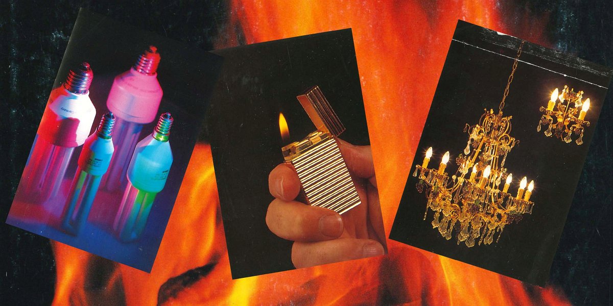 Auf dem Vordereinband des Sammelalbums, das ein lohendes Feuer zeigt, sind drei Sammelbilder platziert. Sie zeigen Energiesparlampen, ein Feuerzeug und einen Kronleuchter.