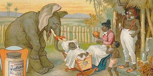 Zu sehen ist eine überspitzte Darstellung einer afrikanischen Familie. Die Krippe des Kindes wird von einem Elefanten mit seinem Rüssel gewippt, die Mutter strickt nebenbei und benutzt die Hörner des Tieres zum Aufwickeln ihrer Wolle.