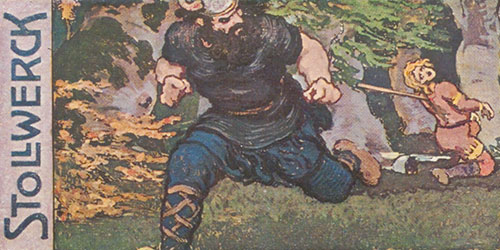 Sammelbild von Stollwerck. Es zeigt wie Hagen, nach der Ermordung Siegfrieds, flüchtet.