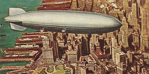 Illustration eines Zeppelin-Luftschiffes, das über eine Stadt fliegt.