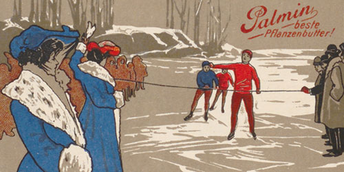 Illustriertes Palmin-Bild. Zu sehen ist ein Wettlauf auf Eis. Im Vordergrund sind zwei fein gekleidete Damen, welche den Eisläufern winken.