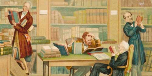 Illustration, welche vier Denker zeigt. Alle vier Männer schauen konzentriert in ihre Bücher und interagieren nicht miteinander.