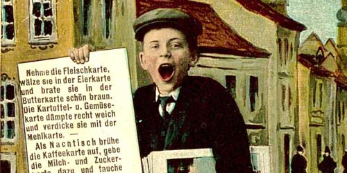 Zu sehen ist eine Illustration eines Zeitungsjungen, welcher ein Plakat mit einem ironischen Rezept hochhält.