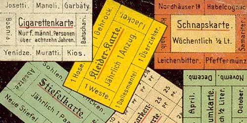 Propaganda-Postkarte zur Rationierung von Konsumgütern im Deutschen Reich während des Ersten Weltkriegs.