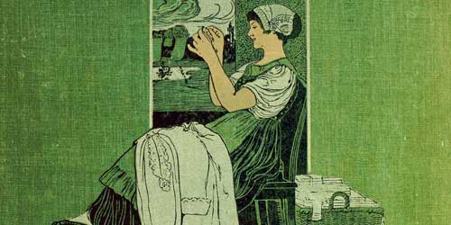 Jugendstil-Illustration einer Näherin ziert den Einband dieses Zuschneidebuchs für Kinderkleidung.