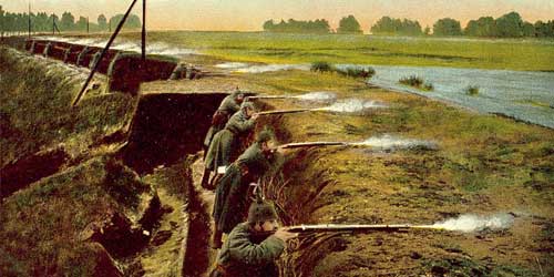 Ansichtskarte, die die Umwandlung eines Hochwasser-Schutzdammes in eine Verteidigungsstelle abbildet.