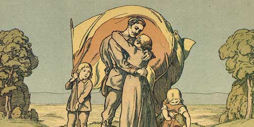 Illustration eines badischen Soldaten, der Abschied von seiner Familie nimmt.