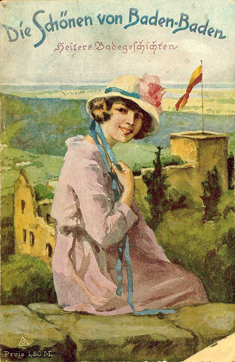 © Badische Landesbibliothek Karlsruhe Zu sehen ist eine lächelnde junge Dame. Sie sitzt auf einer Mauer und ist im Stil ihrer zeit mit einem Blumen geschmückten Hut und einem langen Kleid bekleidet. Auf einer Mauer sitzend wendet sie sich dem Bildbetrachter zu. Im Hintergrund ist das Alte Schloss von Hohenbaden samt badische Beflaggung erkennbar.