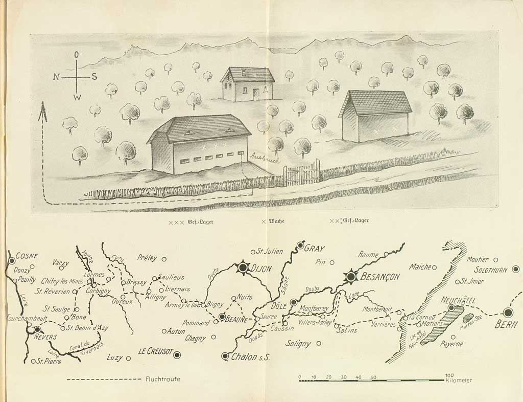 © Badische Landesbibliothek Karlsruhe Zu sehen ist eine gezeichnete Karte mit einer Fluchtroute. Im oberen Kartenbereich sind konkrete Details von Gebäuden und der umgebenden Landschaft vermerkt. Im unteren Kartenbereich die umliegende Region samt Siedlungen und Städten.