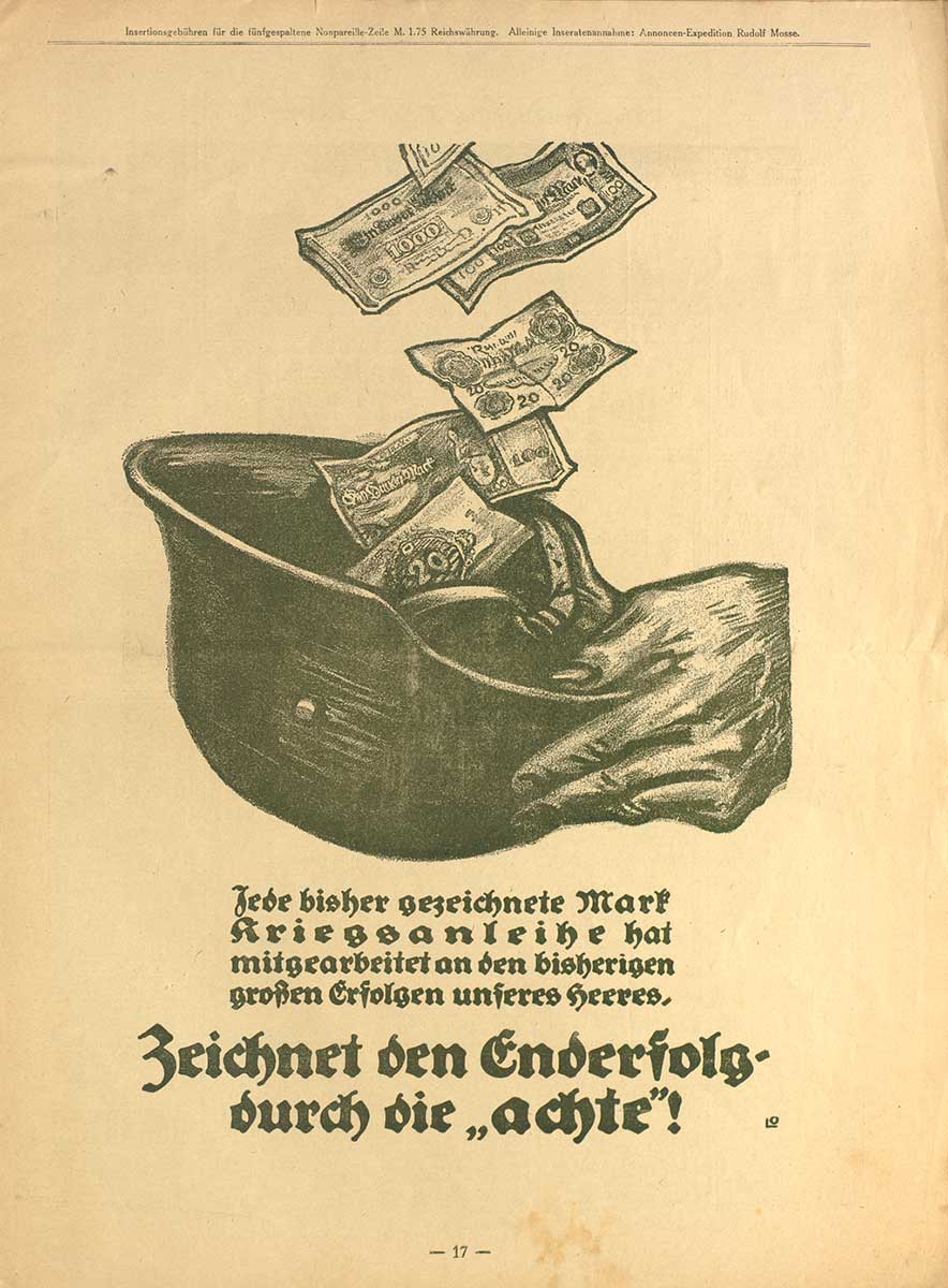 © Badische Landesbibliothek Karlsruhe Seite aus der Wochenschrift "Simplicissimus", abgebildet ist ein Helm in den Geldscheine fallen.