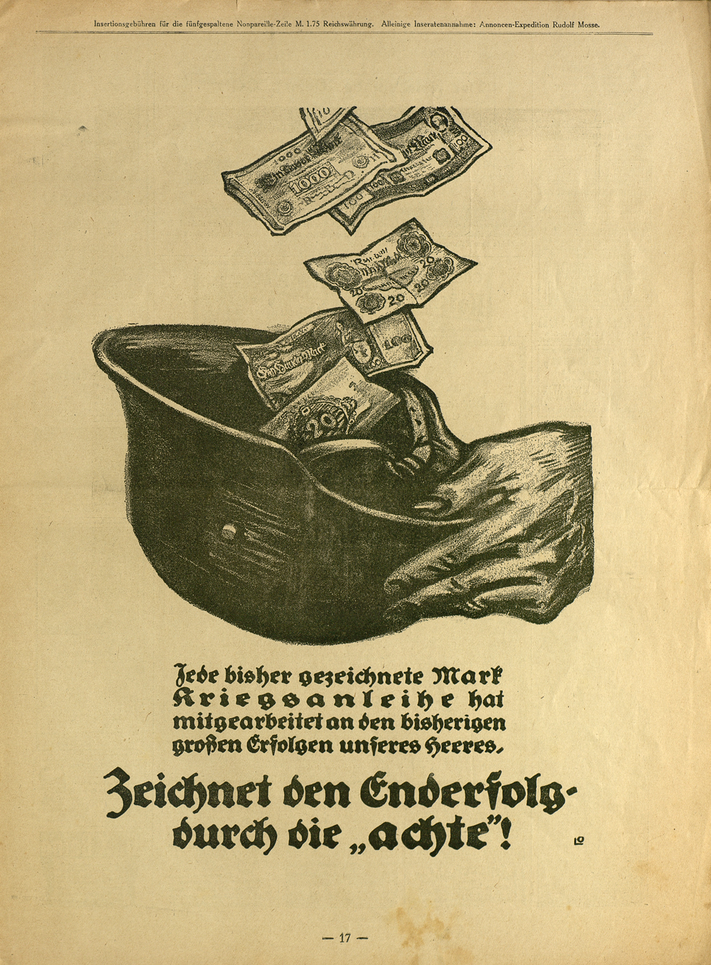Seite aus der Wochenschrift "Simplicissimus", abgebildet ist ein Helm in den Geldscheine fallen.