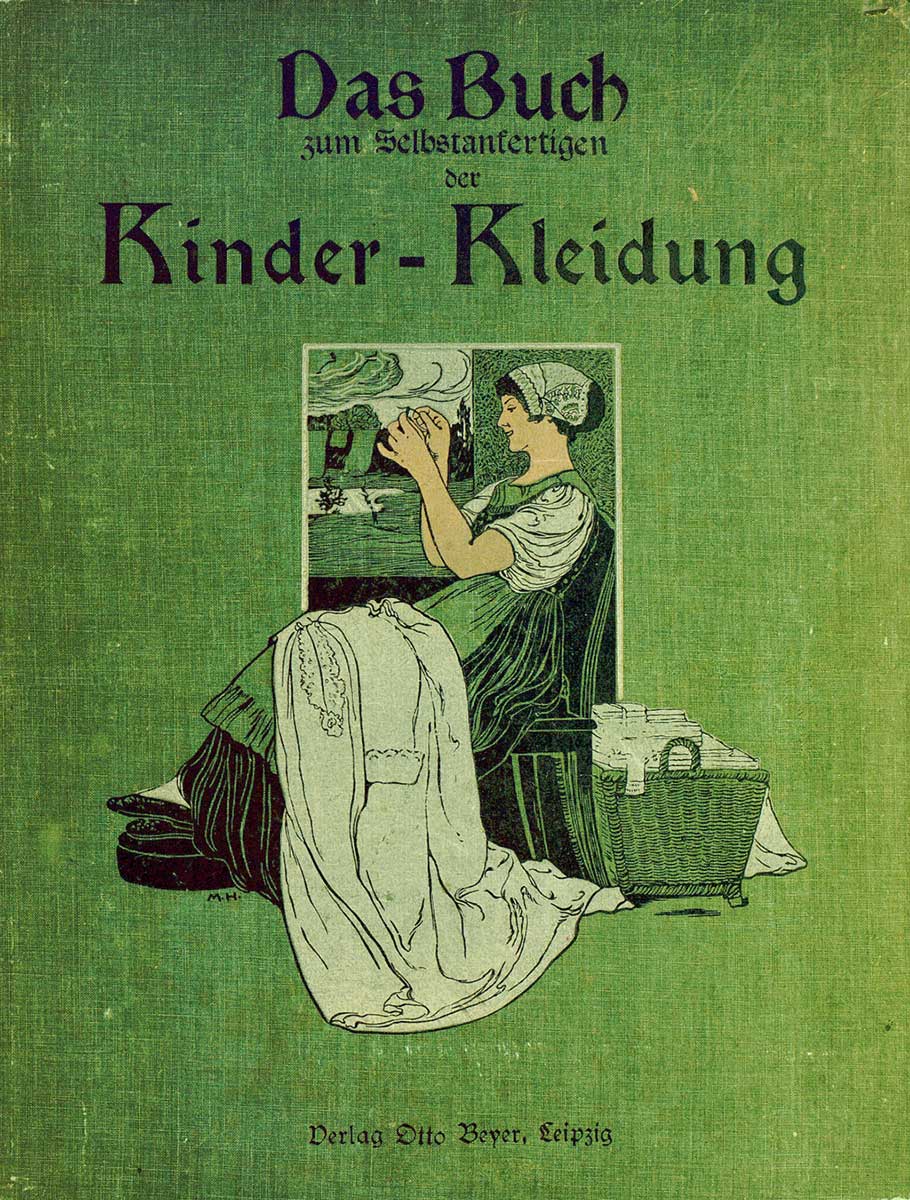 © Badische Landesbibliothek Karlsruhe Grüner Buchdeckle von "Das Buch zum Selbstanfertigen der Kinder-Kleidung" Abgebildet ist eine Frau die am Fenster näht.