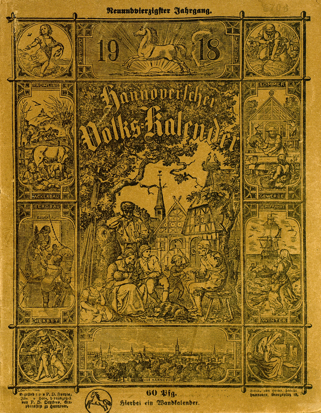 Deckblatt des "Hannoverscher Volks-Kalender" auf gelben Papier. 