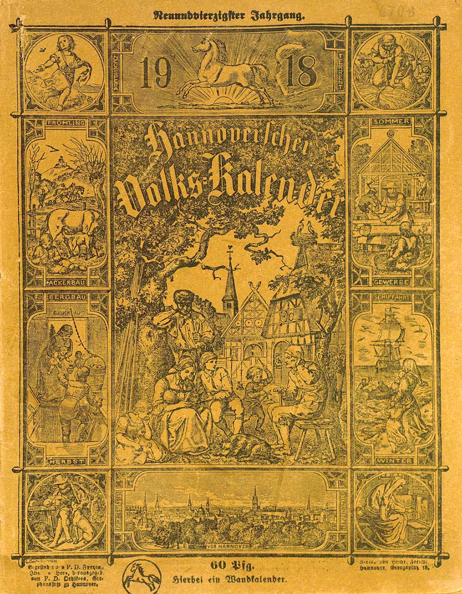 © Badische Landesbibliothek Karlsruhe Deckblatt des "Hannoverscher Volks-Kalender" auf gelben Papier.