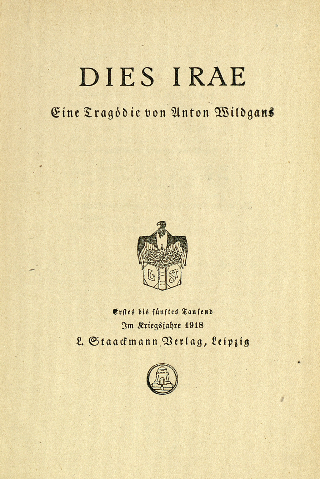 Zu sehen ist das Titelblatt der Erstausgabe der Tragödie "Dies irae" von Anton Wildgans aus dem Jahr 1918.