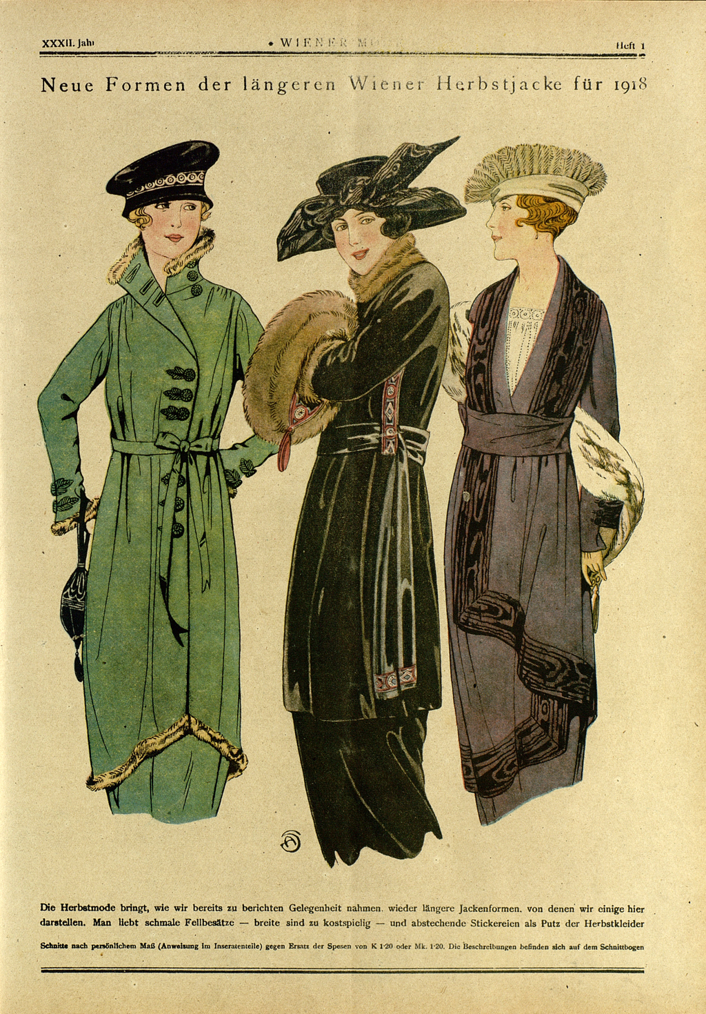 Seite aus "Wiener Mode", Abbildung mit drei Frauen in modischen Mänteln und Hüten mit Accessoires. 