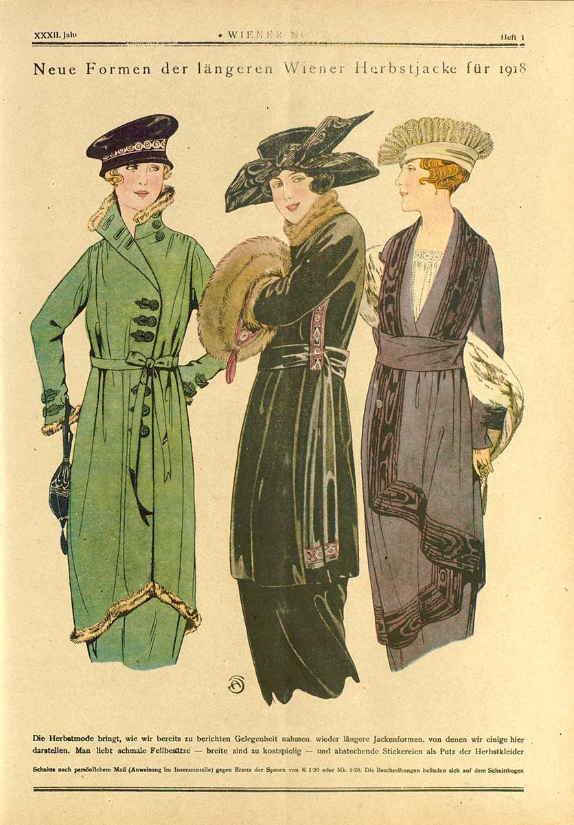 © Badische Landesbibliothek Karlsruhe Seite aus "Wiener Mode", Abbildung mit drei Frauen in modischen Mänteln und Hüten mit Accessoires.