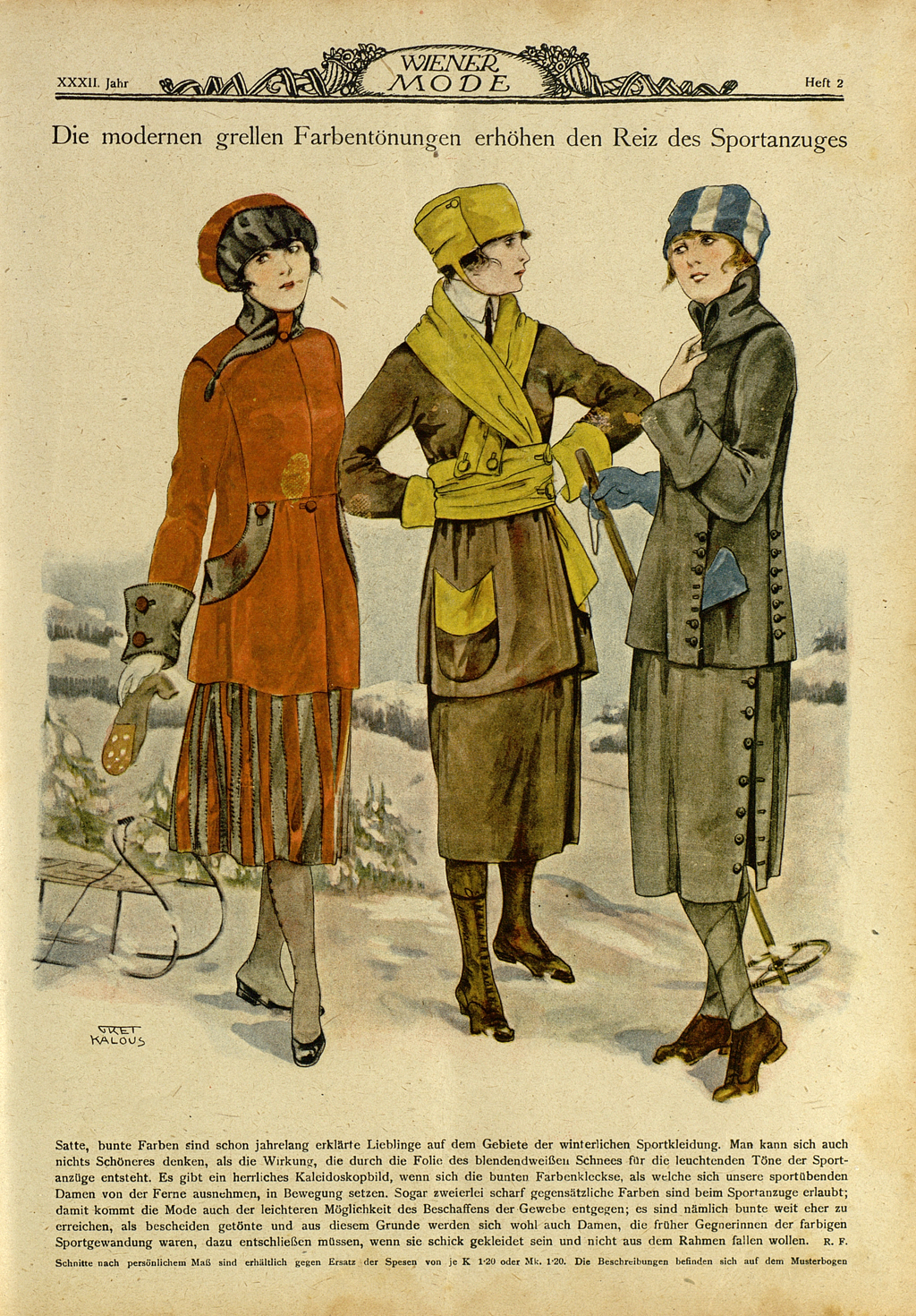 Seite aus "Wiener Mode", Abbildung mit drei Frauen in modischen Sportanzügen.. 